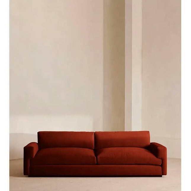 Rust Red Velvet Wide Recessed Square Arm Low Floating Base Modern Indoor Two Seater Sofa