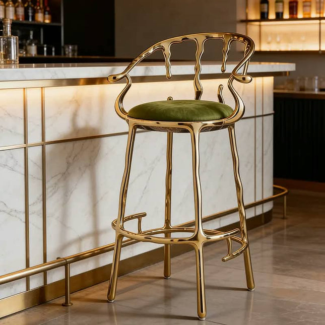 Olive Green Velvet Seat High-End Luxury Counter Stool Artistic Dripping Brass Bar Chair  for Restaurant Villa Interior