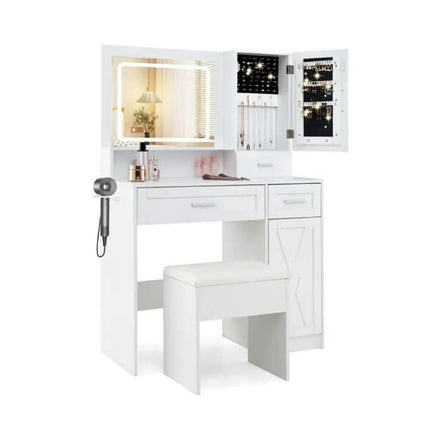 Makeup Vanity Desk Removable Mirror Lights Storage Drawers Stool Set Modern White Wood Plywood Panel Bedroom Furniture(Floor