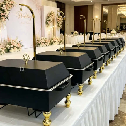 Stainless Steel Golden Buffet Catering Chafing Dish Rectangle 6L 50-70C Alcohol-Fueled Hanging Lid