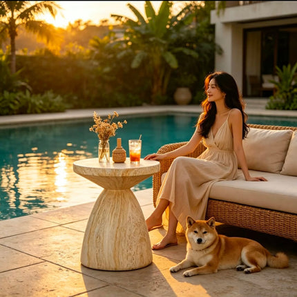 Durable Small Round Outdoor Coffee Table With Faux Travertine Texture Modern MgO Living Room Furniture