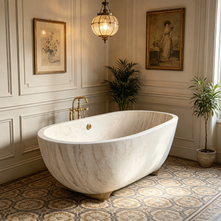 Custom Egypt Beige Marble Freestanding Hot Tub Luxury Stone Bathtub For Villas And Hotel Bathroom Renovation