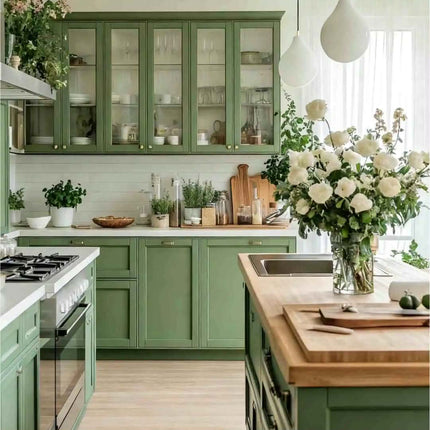 Luxury Sage Green French Kitchen Cabinet Set Oak Wood Kitchen Cabinet Gold Hardware Marble Countertops Glass Display Cabinets