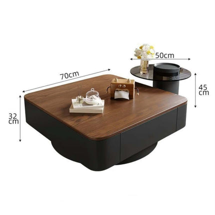 Square coffee table with wooden tabletop and black base