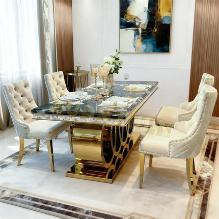 Modern Marble Dining Table Set – Rectangular Table with Chairs, Ideal for Dining Rooms and Restaurants