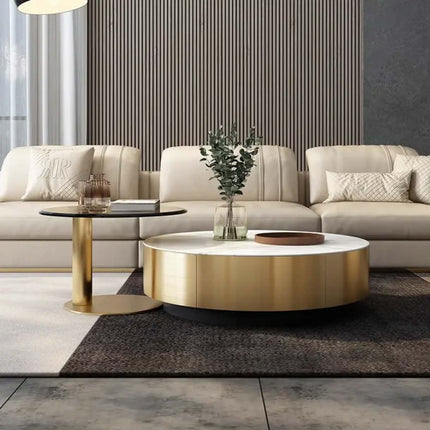 Modern luxury wood marble round tv stand and coffee table set living room stainless steel Gold drawers glass furniture design