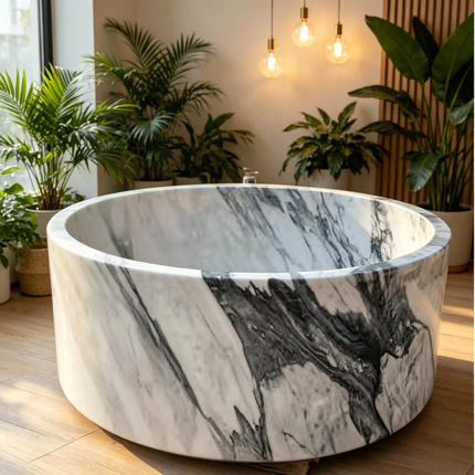 Natural Marble Calacatta Bathtub Round Stone Whirlpool Soaking Tub Floor-Free Standing Tub for Modern Hotel and Villa