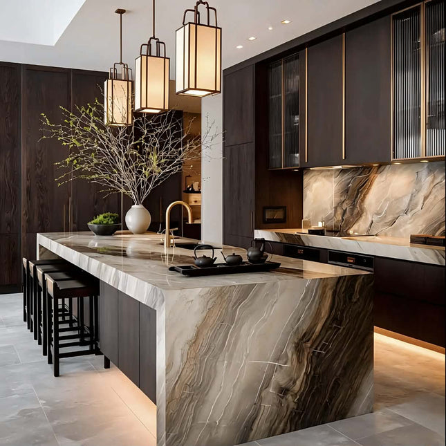 Customize BALOM Luxurious Style Kitchen Furniture Island Unit with LED Light Modern Kitchen Cabinet Custom Solid Wood OEM Factory Direct