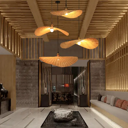 Rattan Bamboo Waves Light Pendants Handmade With Fancy Shape Natural Color Home Decoration