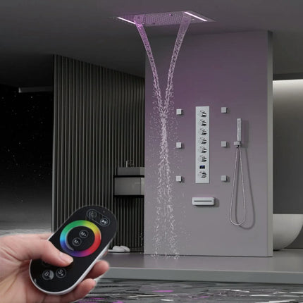 Contemporary Bathroom LED Display Shower Systems Thermostatic Faucets With Brushed Gold Valves Rain & Massage Jet Spray Patterns