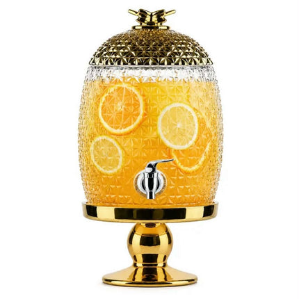Large Capacity Pineapple-Shaped Glass Beverage Dispenser Gold Metal Stand Leakproof Spigot BPA Free Dishwasher Microwave Safe