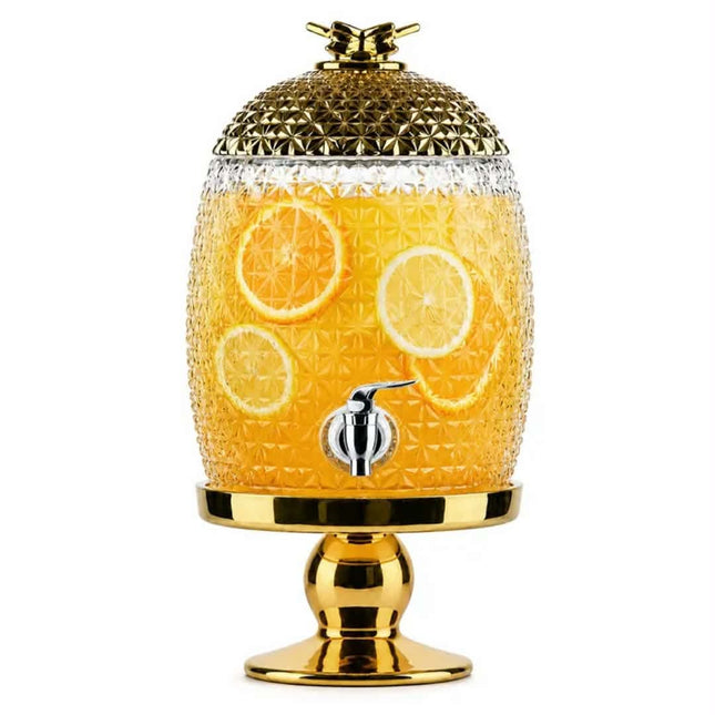 Large Capacity Pineapple-Shaped Glass Beverage Dispenser Gold Metal Stand Leakproof Spigot BPA Free Dishwasher Microwave Safe