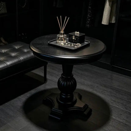 Black Solid Wood Round End Table Classic Carved Pedestal Side Table Vintage Nightstand For Living Room Bedroom