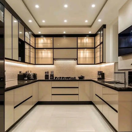 Customize Extra Modern High Quality Modular Marble Island Lacquered Glass Door  Dining Kitchen Cabinet