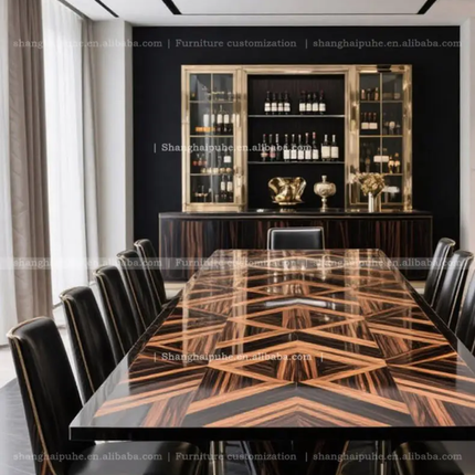 Modern Light Luxury Long Dining Table Set – Veneer Parquet Painted Top, Spacious Design for 12 People with Chairs