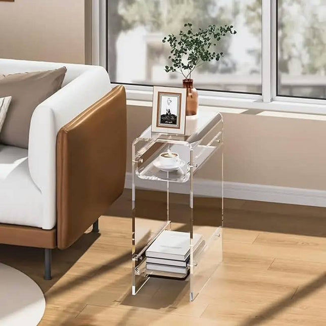 Narrow Acrylic Side Table Skinny Nightstand For Small Spaces, Slim End Table For Bedroom, Living Room, Space Saving Clear Design