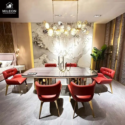 Custom-made Home Dining Room Furniture Luxury Decorative Gold Stainless Steel Frame Rectangular Dining Table Set