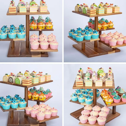 4-Tier Rustic Wooden CupCake Stand 50-Cup Capacity 12-inch Table Display Farmhouse Tiered Tray Decor Birthday Baby Shower-Square