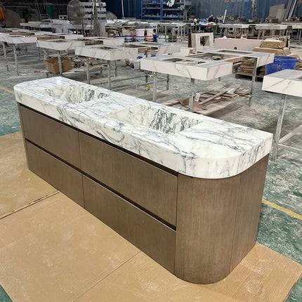 Foshan light luxury natural marble integrated basin bathroom cabinet custom toilet floor standing solid wood paint bathroom