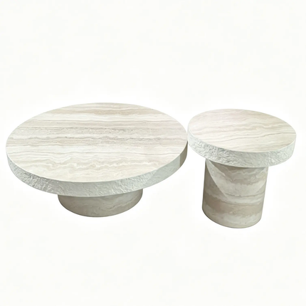 Modern beige travertine accent coffee table with rough chiseled edge stone side table for home decor