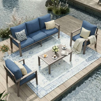 4-Piece Brown Aluminum Frame Modern Outdoor Conversation Set Deep Blue Washable Cushions 3-Seater Sofa 2 Chairs UV Park
