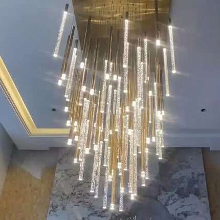 Customized Luxury LED Long Chandeliers Golden Crystal Staircase Pendant Light for Hotel Lobby Villa Customizable Lighting