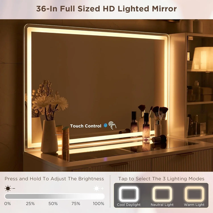 Modern 36\" HD Lighted Mirror Makeup Vanity Desk 48\" Big Mirror 5 Drawers Shelves Glass Top White Bedroom Dressing LED Feature