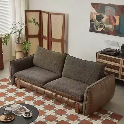 Midcentury Modern Two Seat Genuine Leather Upholstered Sofa Extendable Convertible Cushion Back Padded Arms Sofa Bed for Living