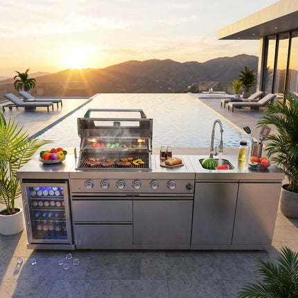 Customize Modern Waterproof Lacquer Stainless Steel MDF Outdoor Kitchen Cabinet Island BBQ Grill Set Sink Hinge Backsplash 5 Year Warranty.
