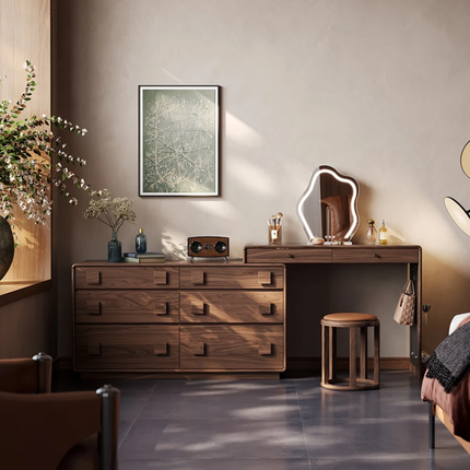 Solid Wood Walnut Color Dresser With LED Lighted Mirror Extendable Makeup Vanities For Bedroom Furniture For Apartments