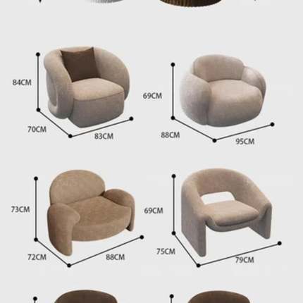 Dimensions of various armchairs and a coffee table on a white background