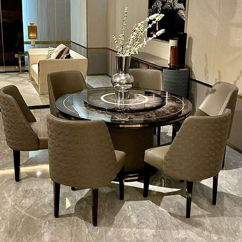 Elegant Round Brown and Gold Marble Stainless Steel Versace Medusa Dining Table  and Chairs - Luxurious Design for Sophisticated Dining Experiences