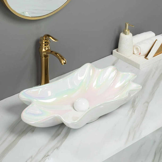 Pearl Wash Basin Sink Electroplated with Iridescent Pearl Glaze Lotus Leaf Porcelain Vessel Sink