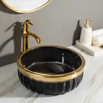 Black and Gold Round Basin Porcelain Modern Style Edition