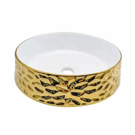 Premium Porcelain Round Vessel Sink Hammered Gold Exterior