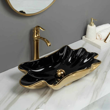 Black Gold Lotus Leaf Porcelain Vessel Sink Unique Flower Shape with Gold Trim A Luxurious Bathroom Centerpiece Crafted from High-Quality