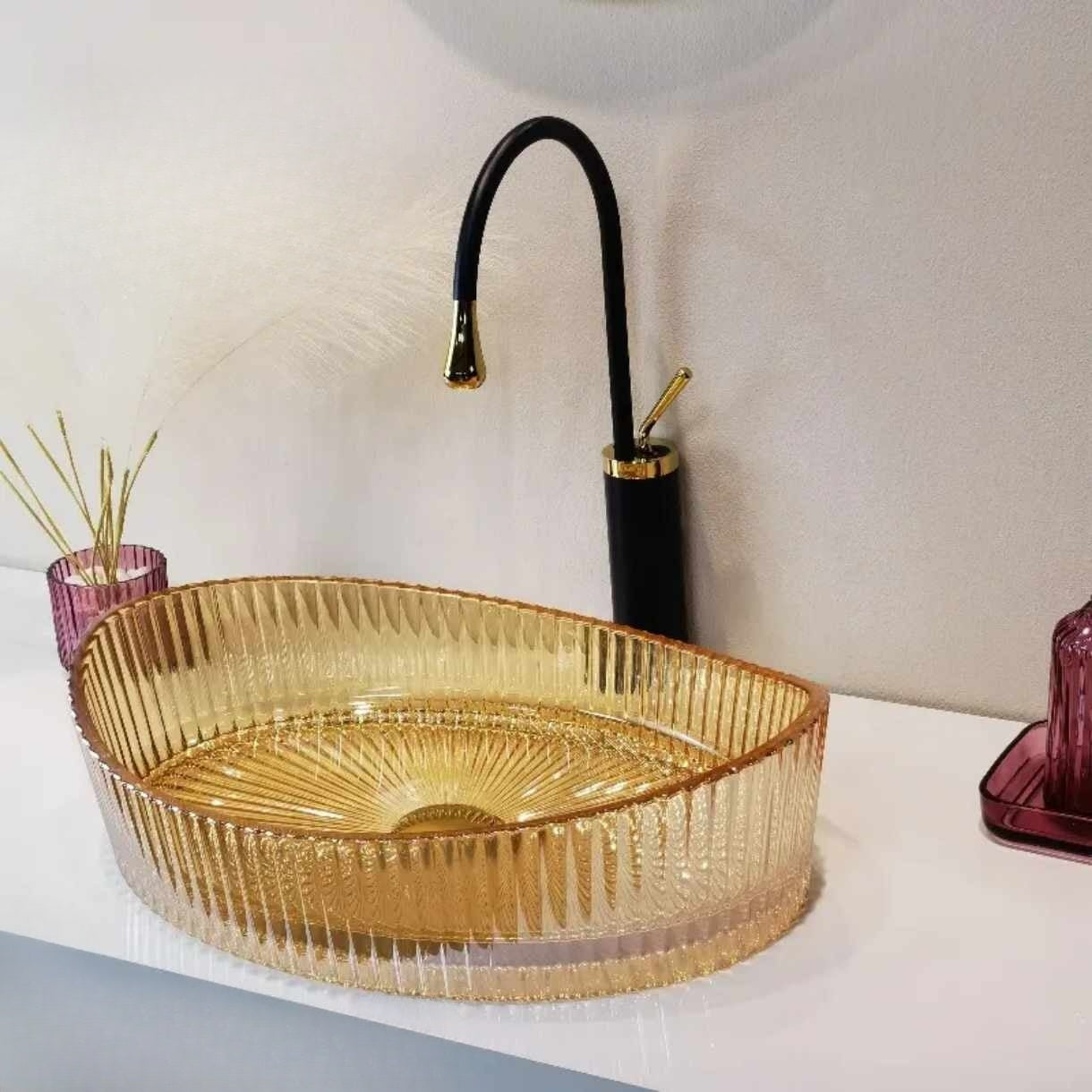 Fluted Amber Design with Radial Interior Pattern and Gold-Tipped