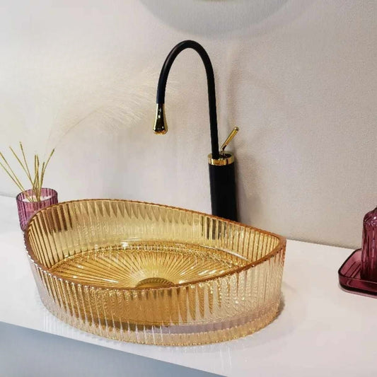 Fluted Amber Design with Radial Interior Pattern and Gold-Tipped