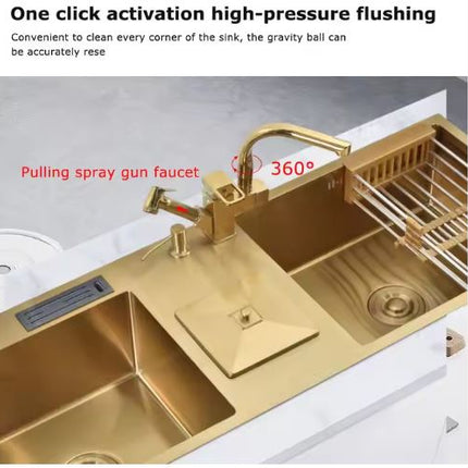 Évier de cuisine doré à poser, double vasque, en acier inoxydable plaqué or, pour salle de bain et cuisine.