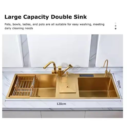 Kitchen Sink Gold Countertop Vessel Double Hand Wash Basin Golden-Plated Stainless Steel Bathroom & Kitchen