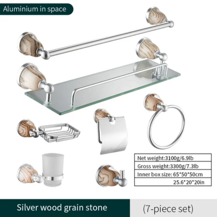 Bathroom accessory set with glass shelf, towel bar, and other fixtures on a white background.