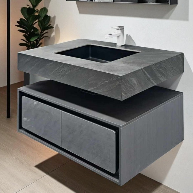 Modern Grey Wall Mounted Bathroom Vanity with Rectangular Sink and Storage Cabinet