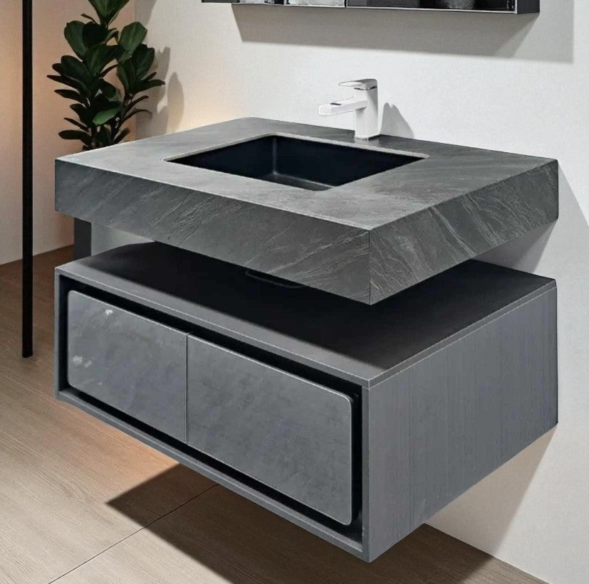 Modern Grey Wall Mounted Bathroom Vanity with Rectangular Sink and Storage Cabinet