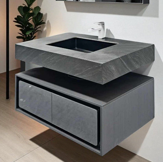 Modern Grey Wall Mounted Bathroom Vanity with Rectangular Sink and Storage Cabinet