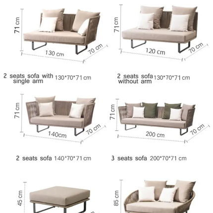 Dimensions of outdoor furniture including chairs, sofas, ottomans, and tables on a white background.