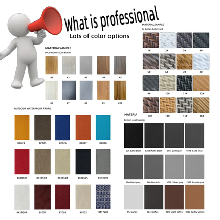 Color swatch chart with various material samples and a character holding a megaphone.