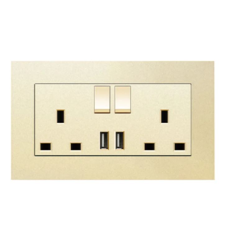 Dual UK 13A Wall Socket with USB Ports – Gold Panel, Modern Switch Socket Outlet, Fast Charging