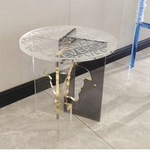 Load image into Gallery viewer, Clear Round Black and White Luxury Console Versace Table  Accent Table Clear Acrylic &amp; Gold Medusa Elegance
