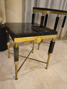 Side Table Polished Marble Seat Gilded Medusa Medallion Detail Geometric Silhouette Refined Opulence Ideal  Luxury Interiors