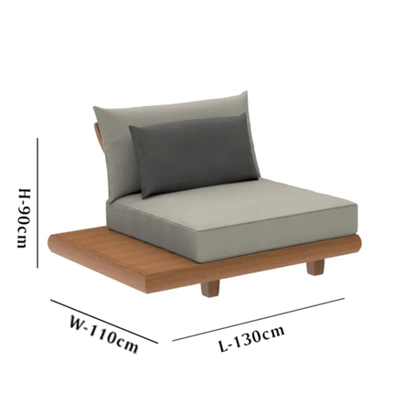 Small outdoor sofa with cushions and dimensions on a white background
